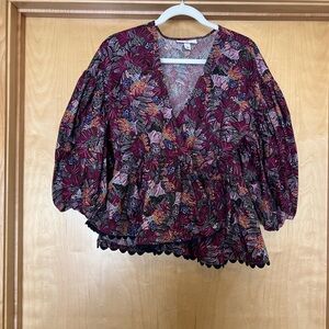 Kika Vargas for Target Burgundy Floral Peasant Blouse